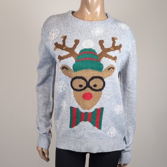 Ugly Christmas Sweater Nerdy Reindeer Happy Holidays Knit Womens Size Large Grey - Picture 7 of 9